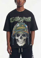 Model wearing skull army graphic Godspeed T-shirt