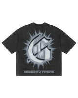 Godspeed Borrowed Time Tee Black Wash, back view showing the chrome gothic G monogram above MEMENTO VIVERE