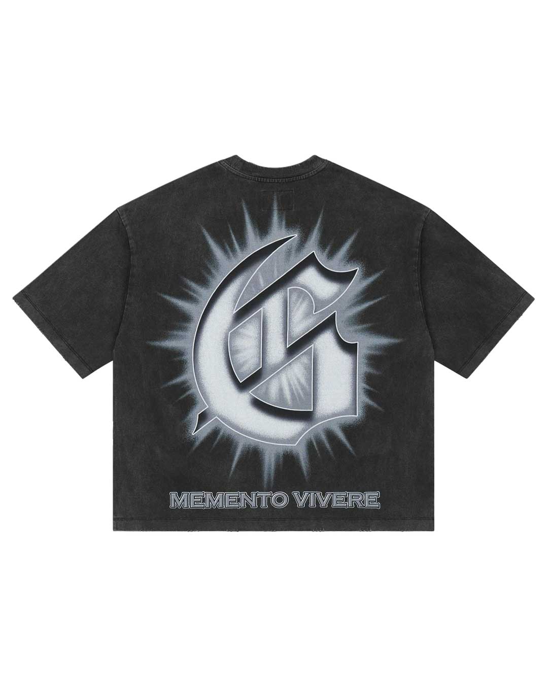 Godspeed Borrowed Time Tee Black Wash, back view showing the chrome gothic G monogram above MEMENTO VIVERE