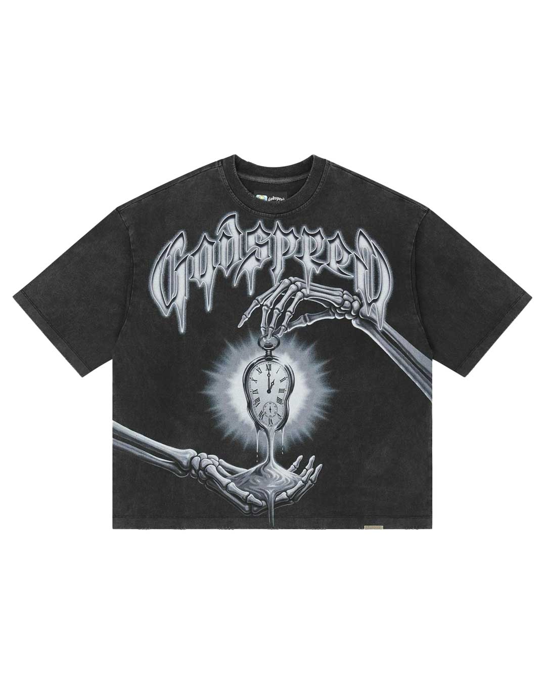 Godspeed Borrowed Time Tee Black Wash, washed black cotton tee with skeletal hands passing a glowing pocket watch, front view