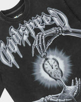 Godspeed Borrowed Time Tee Black Wash, angled side view showing the boxy cut and raw hem