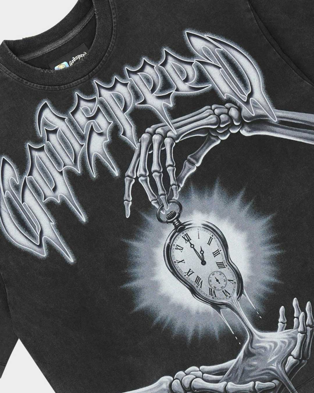Godspeed Borrowed Time Tee Black Wash, angled side view showing the boxy cut and raw hem