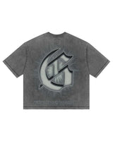Godspeed Borrowed Time Tee Grey Wash, back view showing the chrome gothic G monogram above MEMENTO VIVERE