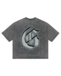 Godspeed Borrowed Time Tee Grey Wash, back view showing the chrome gothic G monogram above MEMENTO VIVERE
