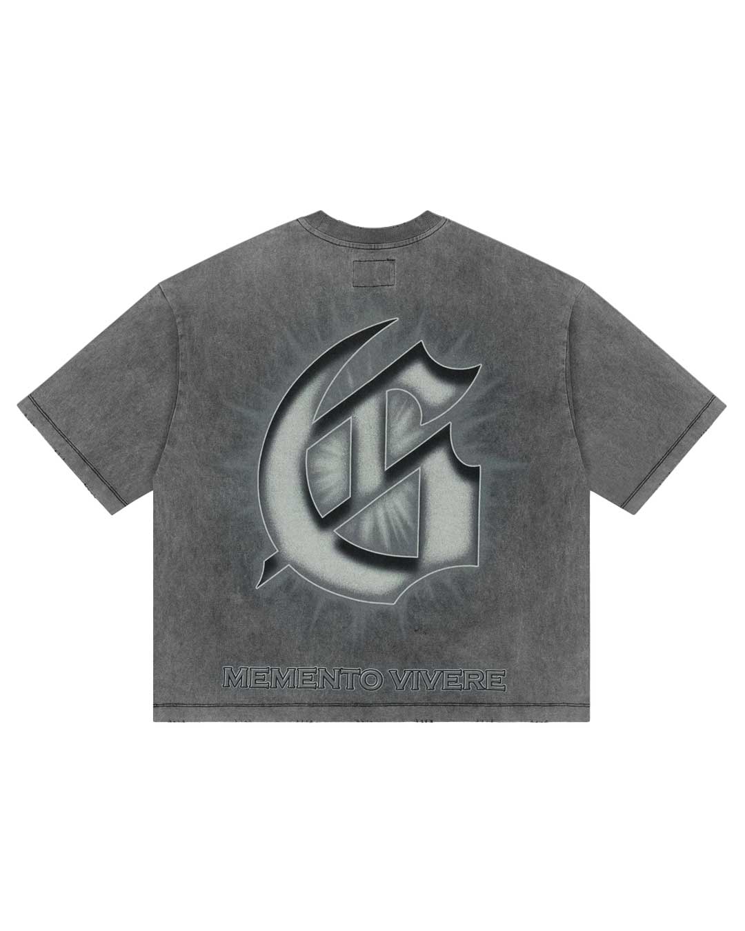 Godspeed Borrowed Time Tee Grey Wash, back view showing the chrome gothic G monogram above MEMENTO VIVERE