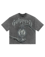 Godspeed Borrowed Time Tee Grey Wash, mineral-washed grey cotton tee with skeletal hands passing a glowing pocket watch, front view