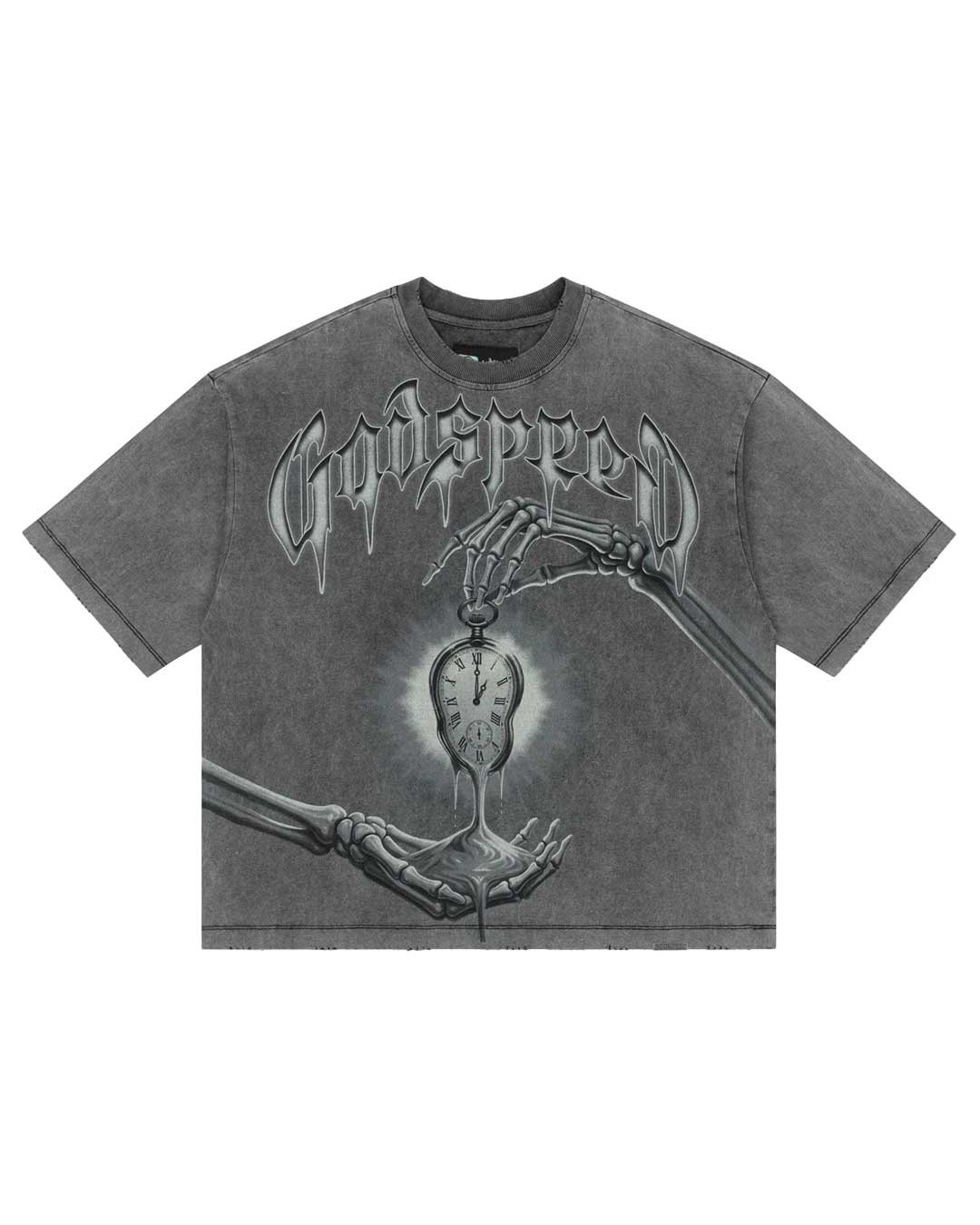 Godspeed Borrowed Time Tee Grey Wash, mineral-washed grey cotton tee with skeletal hands passing a glowing pocket watch, front view