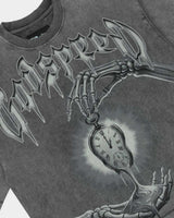 Godspeed Borrowed Time Tee Grey Wash, angled side view showing the boxy cut and raw hem