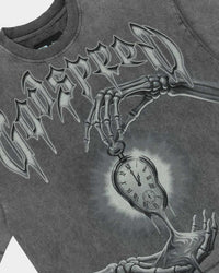 Godspeed Borrowed Time Tee Grey Wash, angled side view showing the boxy cut and raw hem
