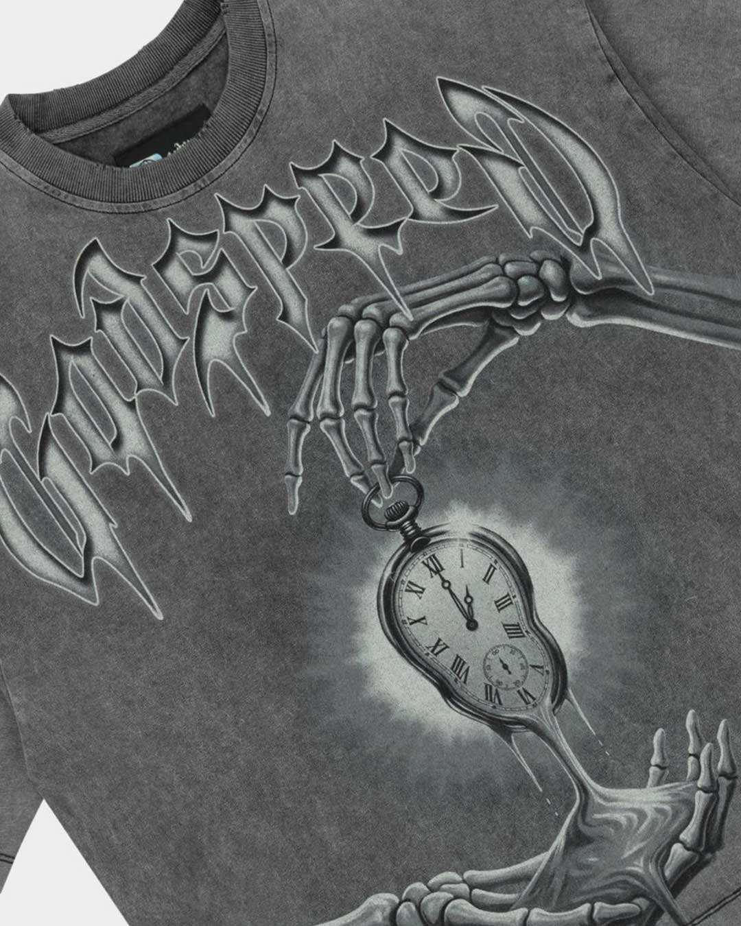 Godspeed Borrowed Time Tee Grey Wash, angled side view showing the boxy cut and raw hem