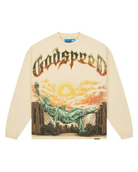 Godspeed Burnt Bridges II NG L/S Tee bone, long-sleeve tee with desert sunset canyon graphic, front view