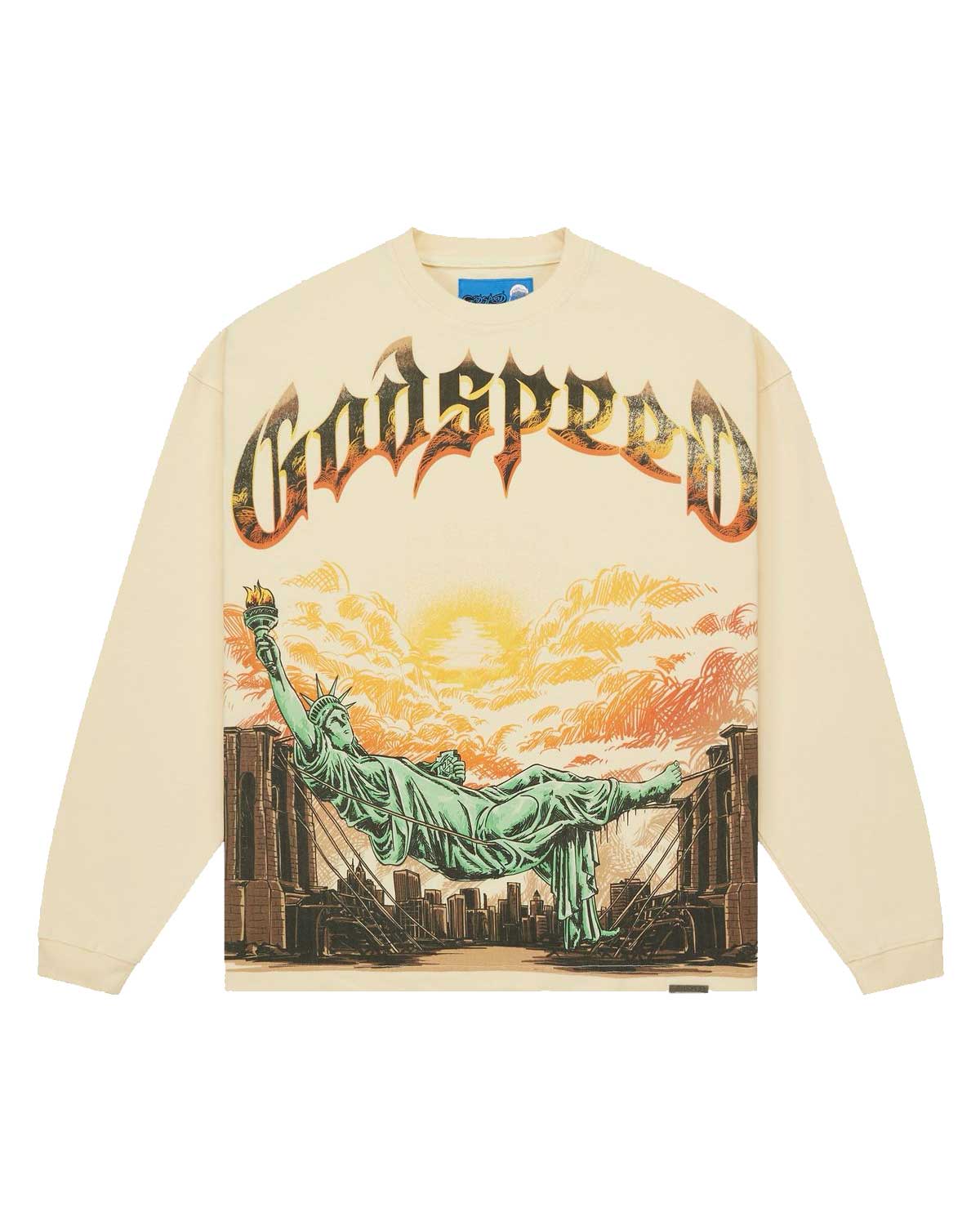 Godspeed Burnt Bridges II NG L/S Tee bone, long-sleeve tee with desert sunset canyon graphic, front view