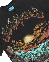 Godspeed Burnt Bridges NG II Tee in black, close-up of the flame-lettered Godspeed graphic and burning bridge canyon scene
