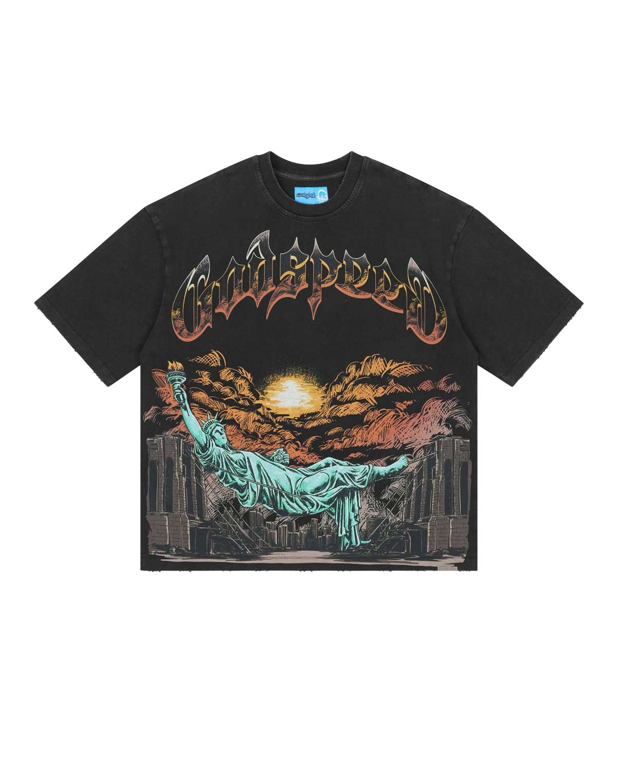 Godspeed Burnt Bridges NG II Tee in black, front view, flame-lettered Godspeed wordmark over a burning bridge canyon graphic
