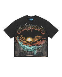 Godspeed Burnt Bridges NG II Tee in black, front view, flame-lettered Godspeed wordmark over a burning bridge canyon graphic