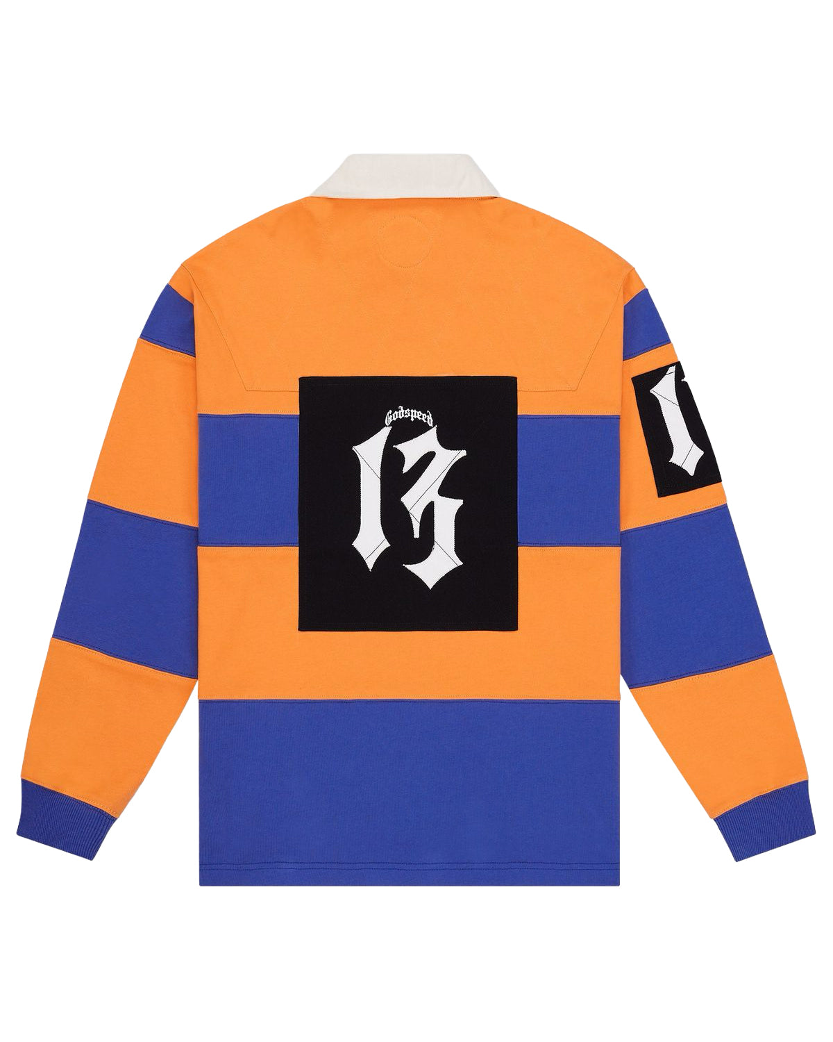 Godspeed Classic Field Rugby Shirt orange/blue, Gothic G emblem patch, back view