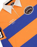 Godspeed Classic Field Rugby Shirt orange/blue, close-up of the embroidered Godspeed crest and collar
