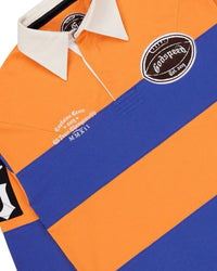 Godspeed Classic Field Rugby Shirt orange/blue, close-up of the embroidered Godspeed crest and collar