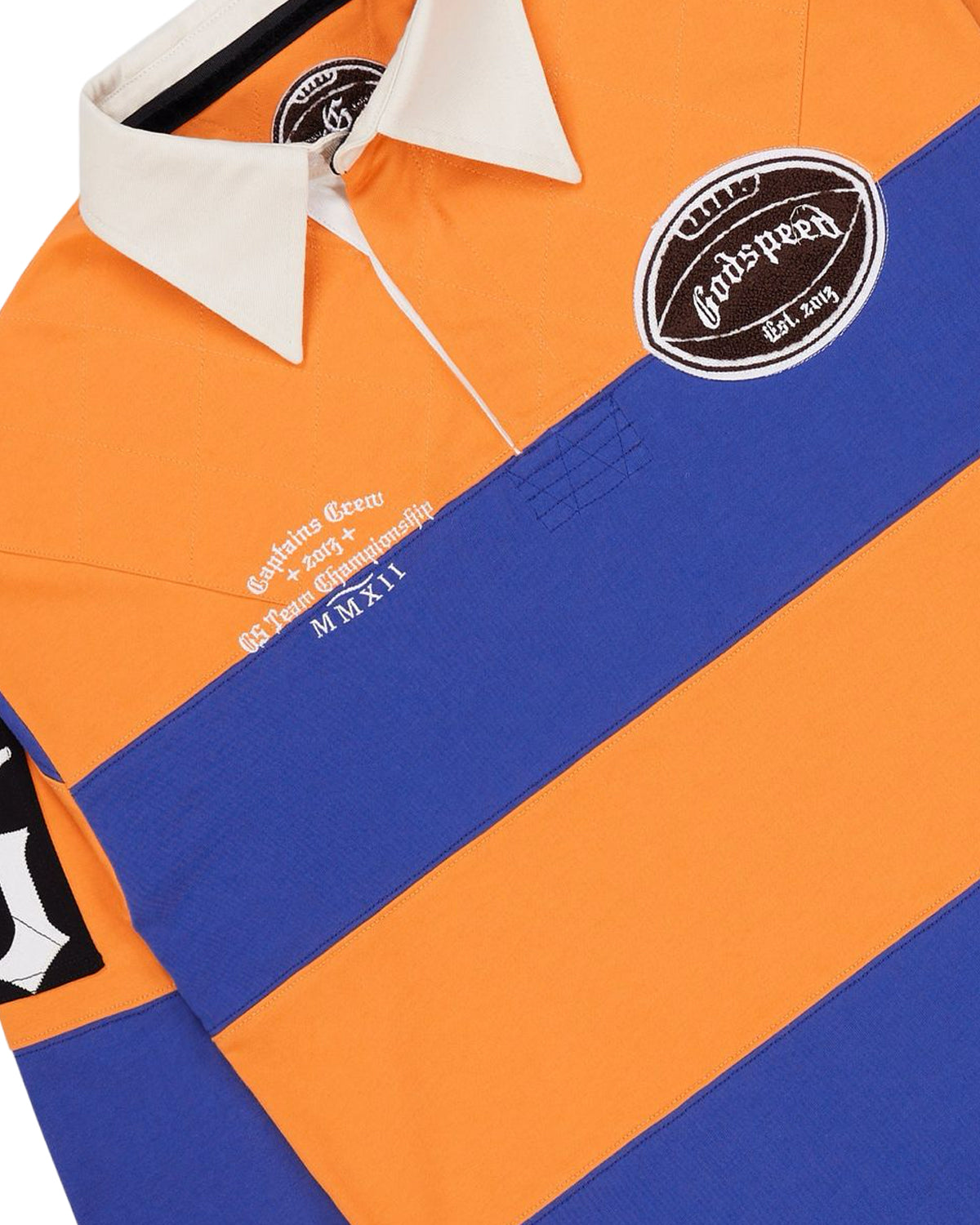 Godspeed Classic Field Rugby Shirt orange/blue, close-up of the embroidered Godspeed crest and collar