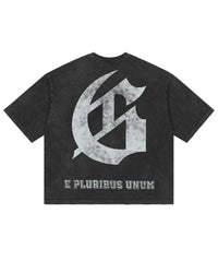 Godspeed Collegiate Tee Black Wash, back view showing the large distressed gothic G monogram above E PLURIBUS UNUM