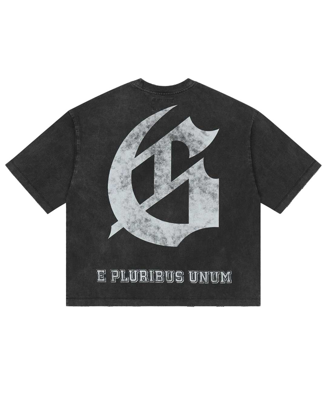 Godspeed Collegiate Tee Black Wash, back view showing the large distressed gothic G monogram above E PLURIBUS UNUM