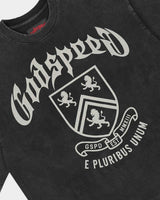 Godspeed Collegiate Tee Black Wash, angled front view showing the boxy cut and raw hem