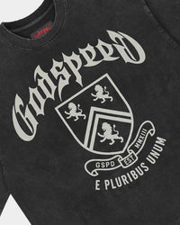 Godspeed Collegiate Tee Black Wash, angled front view showing the boxy cut and raw hem