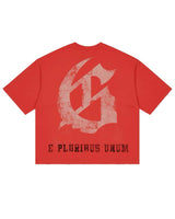 Godspeed Collegiate Tee Cherry Wash, back view showing the large distressed gothic G monogram above E PLURIBUS UNUM