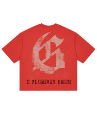 Godspeed Collegiate Tee Cherry Wash, back view showing the large distressed gothic G monogram above E PLURIBUS UNUM
