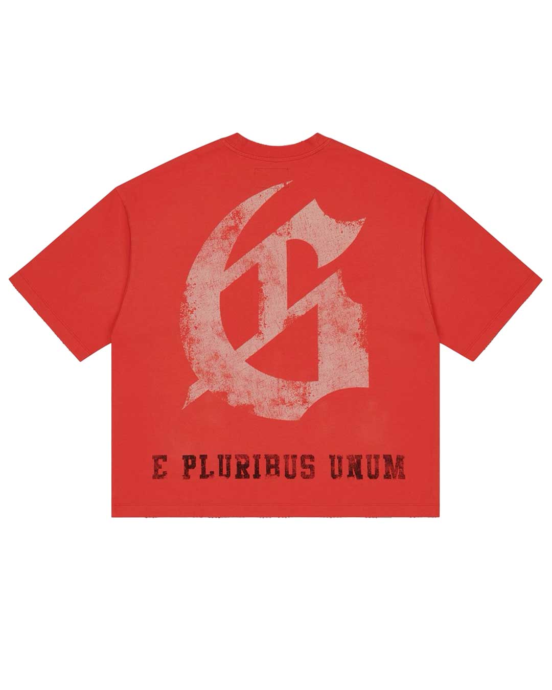 Godspeed Collegiate Tee Cherry Wash, back view showing the large distressed gothic G monogram above E PLURIBUS UNUM