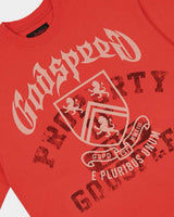 Godspeed Collegiate Tee Cherry Wash, angled front view showing the boxy cut and raw hem