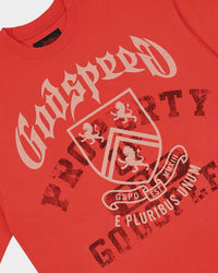 Godspeed Collegiate Tee Cherry Wash, angled front view showing the boxy cut and raw hem