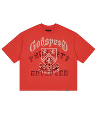 Godspeed Collegiate Tee Cherry Wash, washed cherry red cotton tee with a gothic Godspeed arch and lion crest graphic, front view