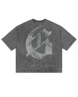Godspeed Collegiate Tee Grey Wash, back view showing the large distressed gothic G monogram above E PLURIBUS UNUM