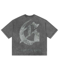 Godspeed Collegiate Tee Grey Wash, back view showing the large distressed gothic G monogram above E PLURIBUS UNUM