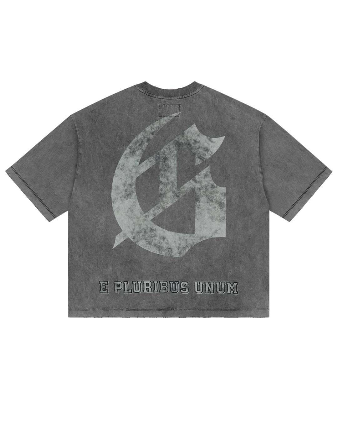 Godspeed Collegiate Tee Grey Wash, back view showing the large distressed gothic G monogram above E PLURIBUS UNUM