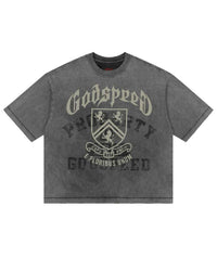 Godspeed Collegiate Tee Grey Wash, mineral-washed grey cotton tee with a gothic Godspeed arch and lion crest graphic, front view