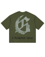 Godspeed Collegiate Tee Olive Wash, back view showing the large distressed gothic G monogram above E PLURIBUS UNUM