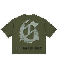 Godspeed Collegiate Tee Olive Wash, back view showing the large distressed gothic G monogram above E PLURIBUS UNUM