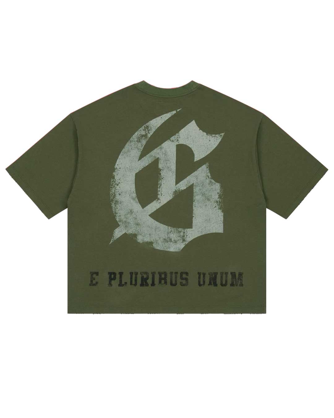 Godspeed Collegiate Tee Olive Wash, back view showing the large distressed gothic G monogram above E PLURIBUS UNUM