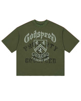 Godspeed Collegiate Tee Olive Wash, washed olive cotton tee with a gothic Godspeed arch and lion crest graphic, front view