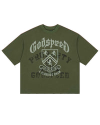 Godspeed Collegiate Tee Olive Wash, washed olive cotton tee with a gothic Godspeed arch and lion crest graphic, front view