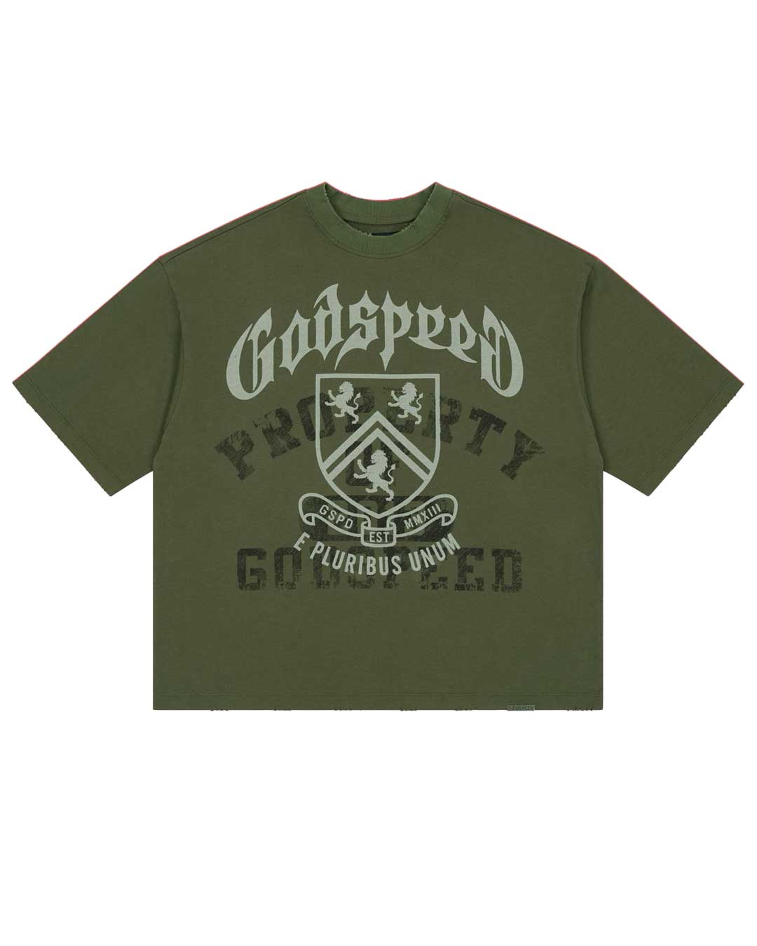 Godspeed Collegiate Tee Olive Wash, washed olive cotton tee with a gothic Godspeed arch and lion crest graphic, front view