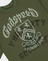 Godspeed Collegiate Tee Olive Wash, angled front view showing the boxy cut and raw hem