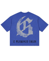 Godspeed Collegiate Tee Royal Wash, back view showing the large distressed gothic G monogram above E PLURIBUS UNUM