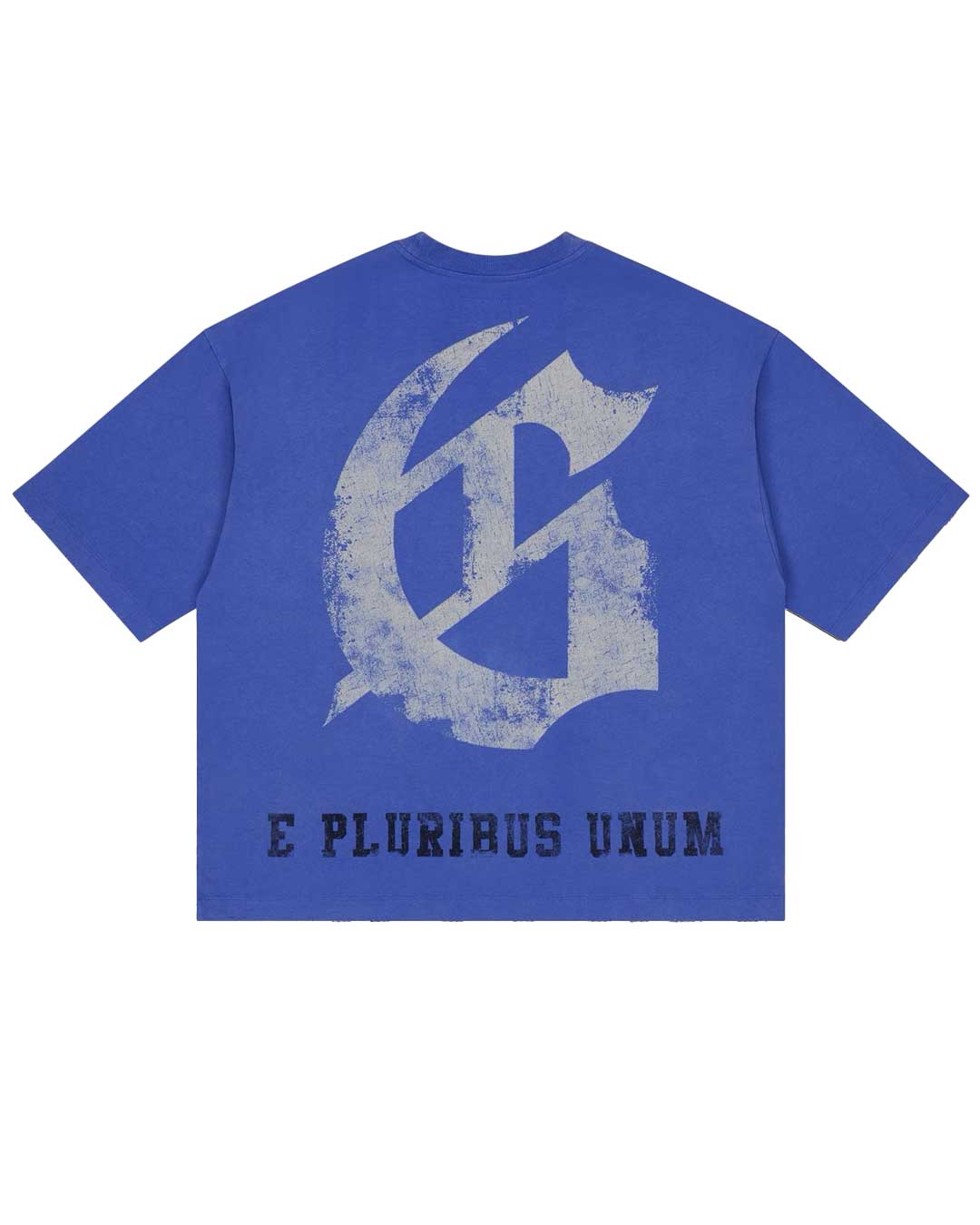 Godspeed Collegiate Tee Royal Wash, back view showing the large distressed gothic G monogram above E PLURIBUS UNUM