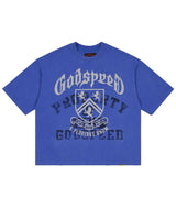 Godspeed Collegiate Tee Royal Wash, washed royal blue cotton tee with a gothic Godspeed arch and lion crest graphic, front view