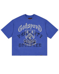 Godspeed Collegiate Tee Royal Wash, washed royal blue cotton tee with a gothic Godspeed arch and lion crest graphic, front view