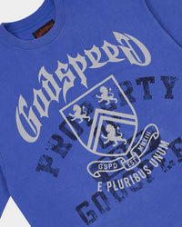 Godspeed Collegiate Tee Royal Wash, angled front view showing the boxy cut and raw hem
