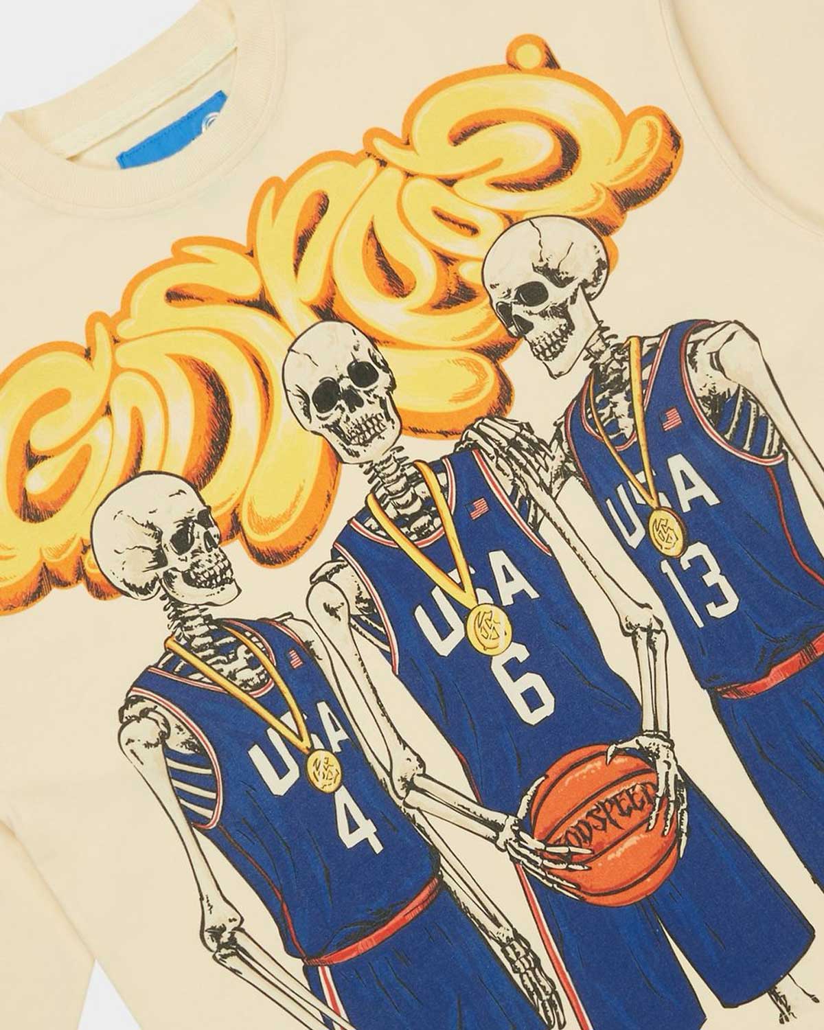 Godspeed Dream Team II NG L/S Tee bone, close-up detail view of the front graphic